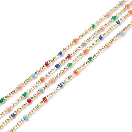 ARRICRAFT Handmade Enamel Beaded Chains, Brass Cable Chains, with Spool, Long-Lasting Plated, Soldered, Real 18K Gold Plated, Colorful, 1.5mm, about 32.8 Feet(10m)/roll