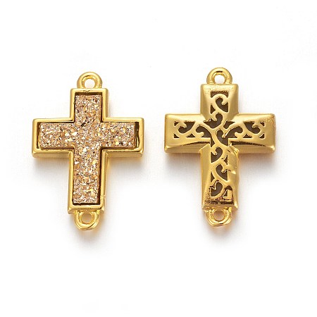 Brass Links connectors, with Druzy Resin, Golden Plated Color, Cross, Gold, 19.7x13.5x3.5mm, Hole: 1.2mm