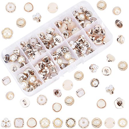 PandaHall Elite 100pcs Pearl Buttons, 10 Styles White Faux Pearl Buttons with Shank Cover Up Sewing Gold Button for Clothes Shirts Coats Sweaters Wedding Dress Clothing Decorations