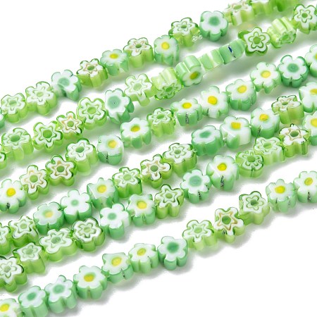 Honeyhandy Handmade Millefiori Glass Bead Strands, Flower, Light Green, 3.7~5.6x2.6mm, Hole: 1mm, about 88~110pcs/Strand, 15.75''(40cm)