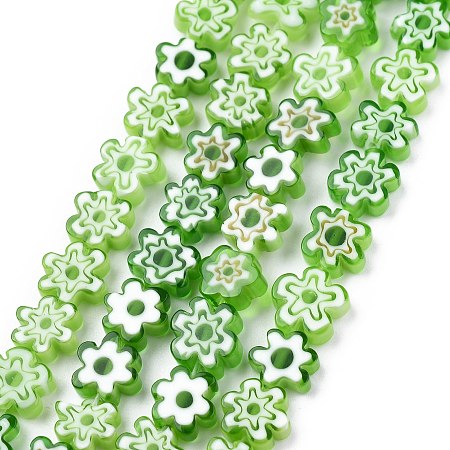Honeyhandy Handmade Millefiori Glass Bead Strands, Flower, Light Green, 6.4~9x3.2mm, Hole: 1mm, about 56pcs/Strand, 15.75''(40cm)