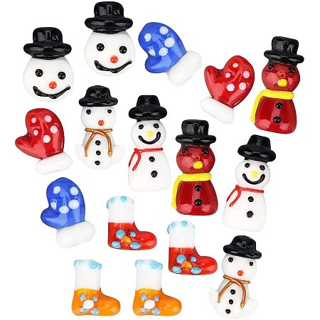 SUNNYCLUE 16 Pcs 8 Styles Christmas Handmade Lampwork Beads White Snowman Glass Spacer Beads for DIY Christmas Jewelry Making