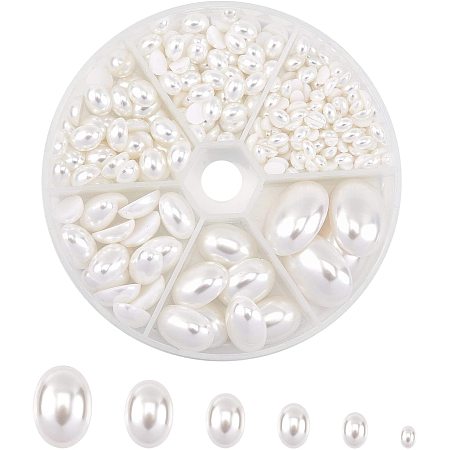 PH PandaHall 6 Size White Pearls Flat Back Cabochons Oval Faux Pearls Gems Acrylic Embellishments for Crafts, Costumes, Card Invitations, Jewelry, Cosplay