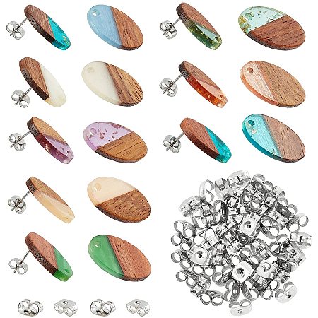 SUPERFINDINGS 8 Pairs 8 Colors Oval Transparent Resin Wood Stud Earring Personalized Walnut Earring Findings Wood Post Stud Earrings for Women Sister Friends Mom，Steel Pin:0.7mm