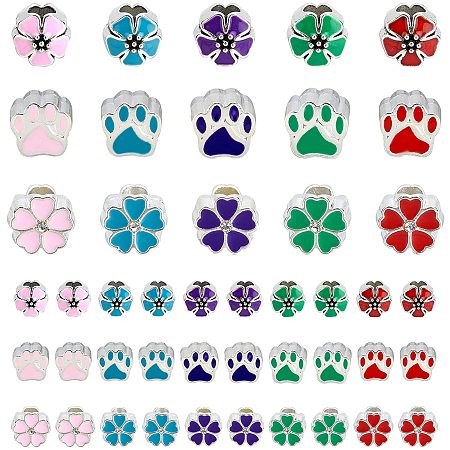 PandaHall Elite 60pcs Enamel European Beads, Flower Puppy Dog Paw Prints Large Hole Beads Floral Animal Cat Bear Footprint Spacer Loose Beads for Jewelry Craft Necklace Making, Hole: 4.5mm