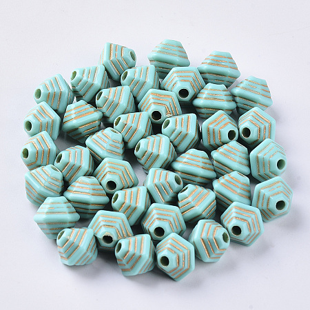 Arricraft Acrylic Beads, Metal Enlaced, Plating Acrylic Beads, Golden Metal Enlaced, Bicone, DarkTurquoise, 10x11x9.5mm, Hole: 2mm; about 1250pcs/500g