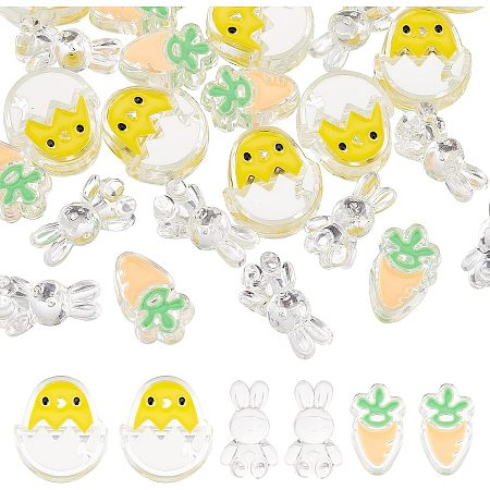 SUNNYCLUE 1 Box 30Pcs 3 Styles Easter Beads Bunny Beads Chicken Rabbit Eggs Carrot Vegetable Bead Spring Acrylic Cartoon Spacer Loose Bead for Jewelry Making Necklace Bracelet Earring Women DIY Crafts