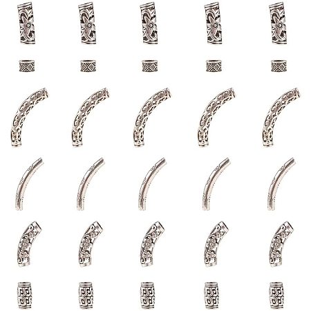 NBEADS 62 PCS Tibetan Style Alloy Curved Tube Beads, Mixed Shape Embossment Carved Metal Spacer Connectors for Bracelet Necklace Craft DIY Jewelry Making
