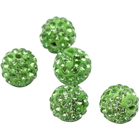 Pandahall Elite 100pcs 10mm Rhinestone Clay Beads Clay Pave Disco Ball Shamballa Clay Beads for Jewelry Making - Peridot