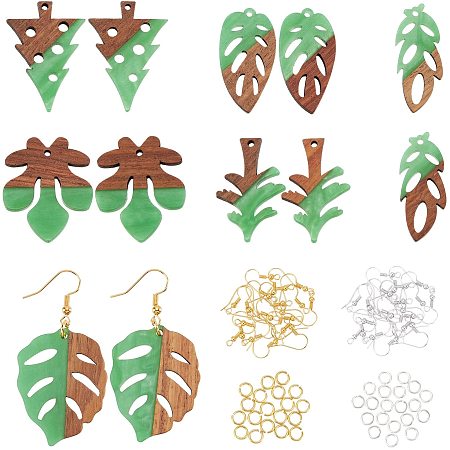 OLYCRAFT 12pcs Leaf Tree Theme Resin Wooden Earring Pendants Resin Walnut Wood Earring Makings Kit Wood Earring Accessories with Earring Hooks Jump Rings for Earrings Necklace Making - Green