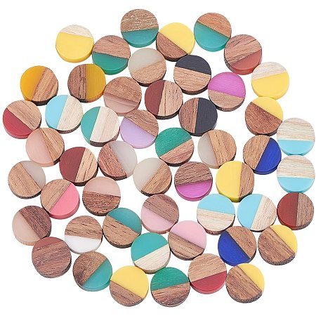 PandaHall Elite 50pcs Resin Wooden Blanks 10mm Flat Round Geometric Rhombus Wood Cabochons Vintage Resin Wood Statement for Necklace Earring Jewelry Findings, Mixed Color