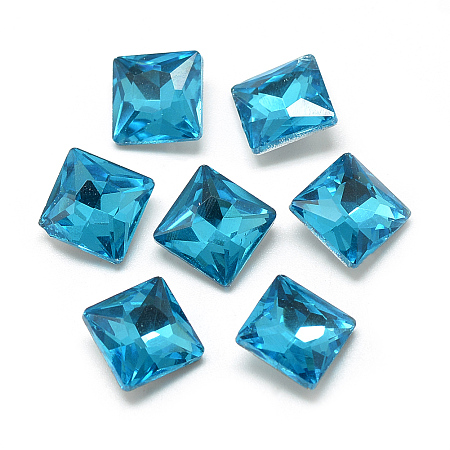 Honeyhandy Pointed Back Glass Rhinestone Cabochons, Back Plated, Faceted, Square, Deep Sky Blue, 8x8x3.5mm