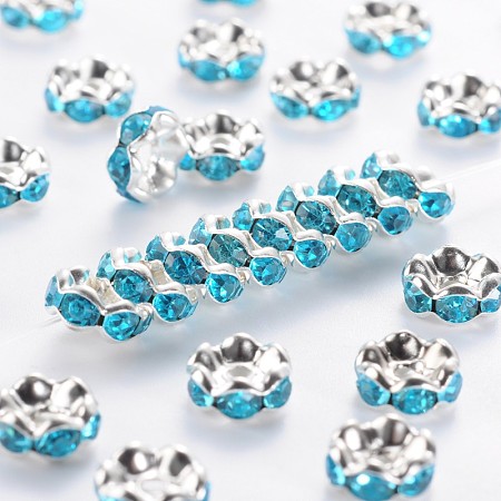 Honeyhandy Brass Rhinestone Spacer Beads, Grade A, Blue Rhinestone, Silver Color Plated, Nickel Free, about 8mm in diameter, 3.8mm thick, hole: 1.5mm
