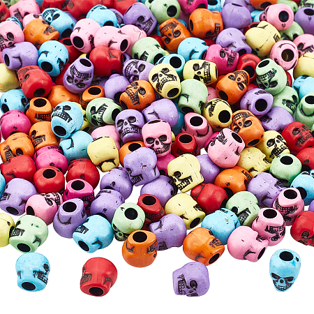NBEADS 200 Pcs Skull Acrylic Beads, Colorful Opaque Beads Skeleton Head Beads Spacer Loose Beads for Halloween Day of the Dead Jewelry Making Craft Projects, Mixed Color