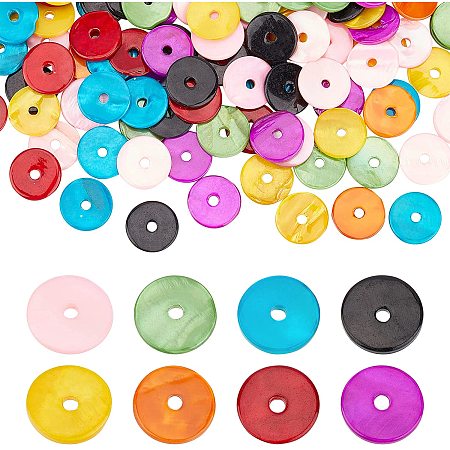 SUPERFINDINGS About 160Pcs 8 Colors 0.59x0.08 inch Spray Painted Natural Freshwater Shell Beads Flat Round Spacer Beads Disc Heishi Beads with 2.5mm Hole for DIY Crafts Jewelry Making