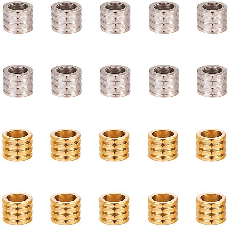 NBEADS 20 Pcs 6mm Large Hole 304 Stainless Steel Stripe Spacer Beads, Grooved Column European Beads Metal Loose Spacer Beads Crafting Supplies for Bracelets Necklace Jewelry Making, Golden and Silver