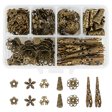 PandaHall Elite About 180 Pcs Tibetan Style Metal Flower Bead Caps 6 Styles for Jewelry Making Antique Bronze