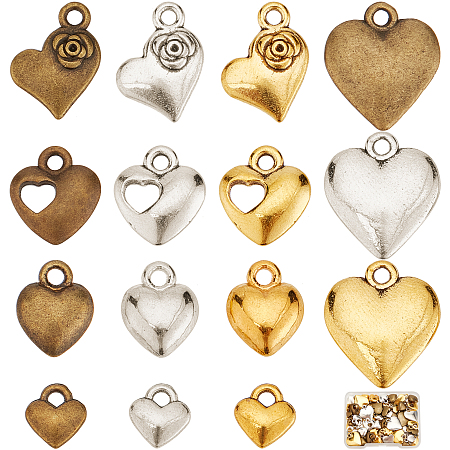 SUNNYCLUE 1 Box 90Pcs 15 Styles Hollow Love Charm Antique Bronze Heart Charms Tibetan Style Silver Alloy Charm for Jewelry Making Charms Choker Necklace Bracelet Earrings Jewelry DIY Accessories