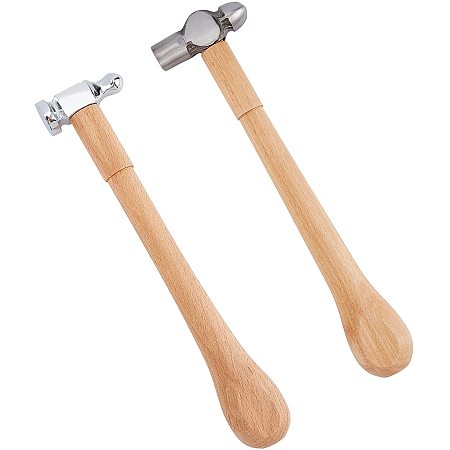 Pandahall Elite 2pcs Carbon Steel Hammers with Wooden Handle, Multi-Function Heavy Duty Portable Ball Peen Hammer with Shock Reduction for Jewelry Tools