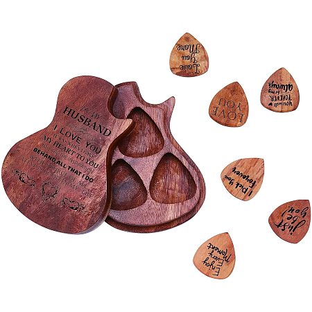 SUPERDANT Wooden Guitar Picks Box Picks Holder to My Husband Wood Picks Container Guitar Shape Picks Case with 6pcs Picks for Musical Instrument, Birthday