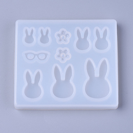Honeyhandy Bunny Theme Silicone Molds, Resin Casting Molds, For UV Resin, Epoxy Resin Jewelry Making, Rabbit Head & FLower & Glasses, White, 77x88x12mm, Inner Diameter: 7~33x8~25mm