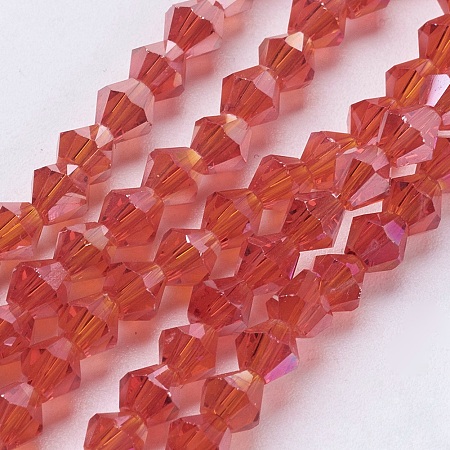 Honeyhandy Glass Beads Strands, AB Color Plated, Faceted, Bicone, Orange Red, 4x4mm, Hole: 1mm, about 92~96pcs/strand, 13.78~14.37 inch