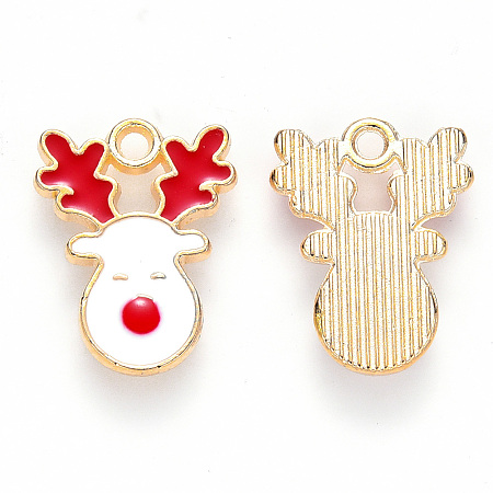 Honeyhandy Alloy Enamel Pendants, for Christmas, Christmas Reindeer/Stag, Light Gold, White, 17x13x2mm, Hole: 1.6mm