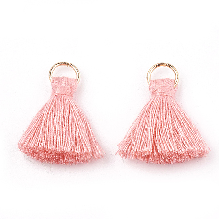 Honeyhandy Polycotton(Polyester Cotton) Tassel Pendant Decorations, with Iron Findings, Light Gold, Pink, 20~30x7~8mm, Hole: 5mm