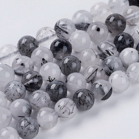 Honeyhandy Natural Black Rutilated Quartz Beads Strands, Round, Black, 8mm, Hole: 1mm, about 45pcs/strand, 15 inch