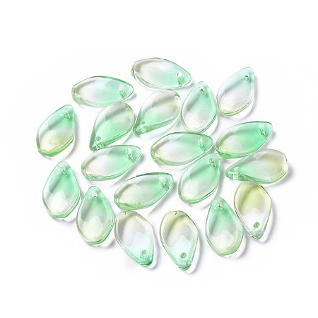 Nbeads Glass Pendants, Drop, Two Tone, LawnGreen, 17x10x2.5mm, Hole: 1mm