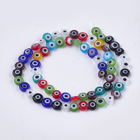 Honeyhandy Handmade Evil Eye Lampwork Beads Strands, Flat Round, Mixed Color, 6x2.5mm, Hole: 1mm, about 64~65pcs/strand, 14.1 inch~14.5 inch