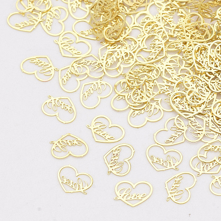 Honeyhandy Brass Cabochons, Nail Art Decoration Accessories, Heart with Word LOVE, For Valentine's Day, Golden, 3.5x5x0.1mm, about 452pcs/3g