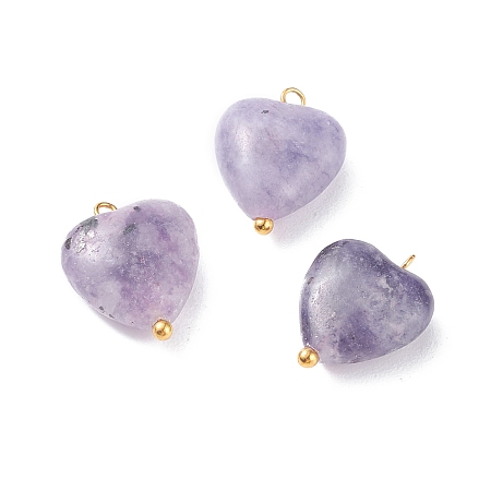 Honeyhandy Natural Lepidolite/Purple Mica Stone Pendants, with Golden Tone Brass Loops, Heart, 15~15.5x12~12.5x5.5~6mm, Hole: 1.5mm