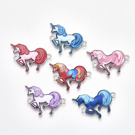 Arricraft Printed Alloy Links/Connectors, with Enamel, Unicorn, Platinum, Mixed Color, 21x24.5x2mm, Hole: 2mm