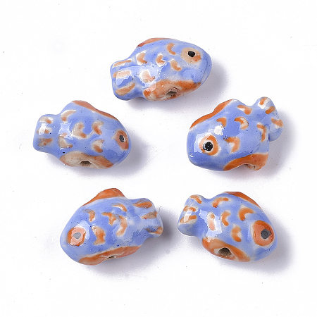 ARRICRAFT Handmade Porcelain Beads, Famille Rose Style, Fish, Cornflower Blue, 13~14x18~19x8.5~9.5mm, Hole: 1.6~2mm