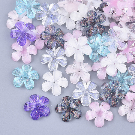 NBEADS Transparent Resin Bead Caps, End Caps for Jewelry Making, with Glitter Powder, Faceted, 5-Petal, Flower, Mixed Color, 14x14.5x2.5mm, Hole: 1mm
