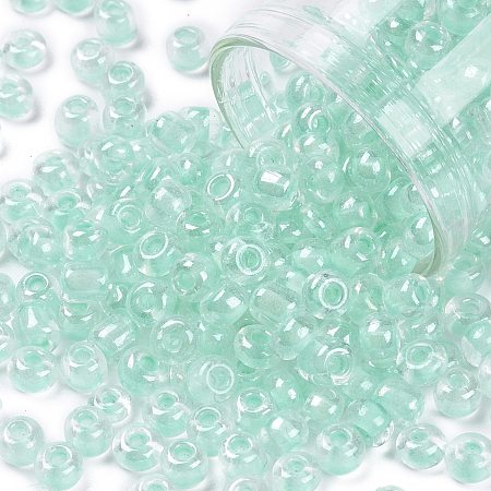 Honeyhandy 6/0 Glass Seed Beads, Transparent Inside Colours Luster, Round Hole, Round, Light Cyan, 6/0, 4~5x2.5~4.5mm, Hole: 1.2mm, about 500pcs/50g
