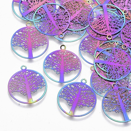 Honeyhandy Ion Plating(IP) 201 Stainless Steel Filigree Pendants, Etched Metal Embellishments, Flat Round with Tree of Life, Rainbow Color, 23x20x0.3mm, Hole: 1.2mm