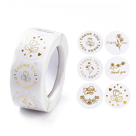 Honeyhandy 8 Patterns Paper Thank You Sticker Rolls, Round Dot Hot Stamping Gift Decals, for Envelope, Gift Bag, Card Sealing, Rose Pattern, White, 25mm, 500pcs/roll