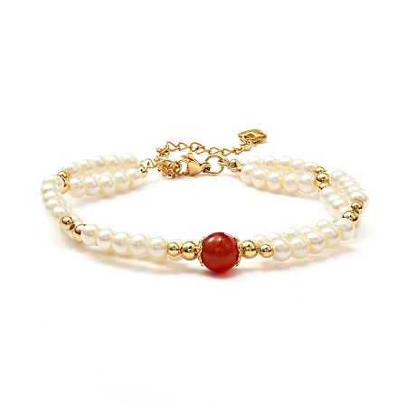 Honeyhandy Healing Reiki Round Natural Carnelian Beaded Bracelets for Girl Women, Glass Pearl Beads Bracelet with 304 Stainless Steel Chain, Red, 7-3/8 inch(18.8cm)