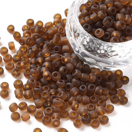 Honeyhandy Glass Seed Beads, Frosted Colors, Round, Coconut Brown, 4mm, Hole: 1~1.5mm, about 1000pcs/100g