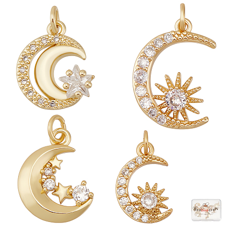 Beebeecraft 8Pcs 4 Style 18K Gold Plated Moon Charms with Cubic Zirconia Sun and Star Dangle Pendants with Jump Ring for DIY Necklace Earrings