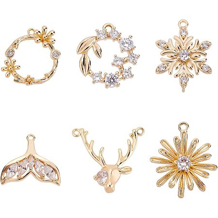 CHGCRAFT 12Pcs 6 Styles Brass Micro Pave Cubic Zirconia Pendants Real 18K Gold Plated Flower Clear Charms Reindeer Whale Tail Shape Crystal Charms for Earrings Bracelet Necklace Jewelry Making