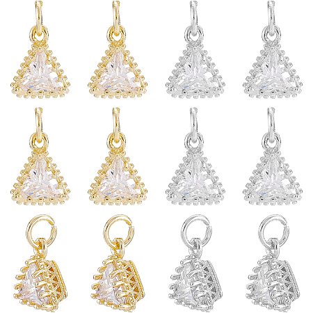 SUPERFINDINGS 12Pcs 2 Colors Brass Micro Pave Cubic Zirconia Charms 9x10mm Triangle Cubic Zirconia Charms Long-Lasting Plated Crystal Beads Pendants with Jump Ring for Jewelry Making DIY Craft