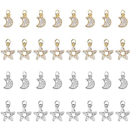 PandaHall Elite 16pcs Cubic Zirconia Charms 4 Styles Moon Star Pendant Golden Platinum 18K Gold Plated Pendant with Jump Ring for Women Earring Bracelet Necklace DIY Jewelry Gift, 12~14mm Long