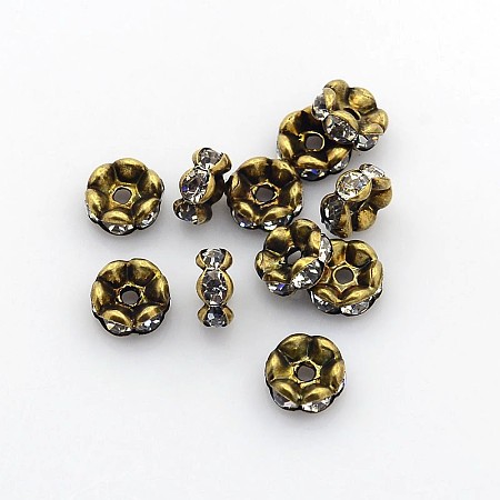 Honeyhandy Brass Rhinestone Spacer Beads, Grade AAA, Wavy Edge, Nickel Free, Antique Bronze, Rondelle, Crystal, 8x3.8mm, Hole: 1.5mm