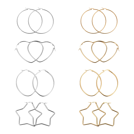 Unicraftale 201 Stainless Steel Hoop Earrings, Hypoallergenic Earrings, Star & Ring Shape & Oval & Heart, Golden & Stainless Steel Color, 8pairs/box