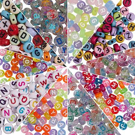 Arricraft 1000Pcs 10 Styles Transparent Frosted Acrylic Beads, Flat Round with Letter, Mixed Color, 7x3.5mm, Hole: 1.2mm