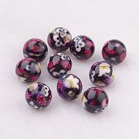 Honeyhandy Spray Painted Resin Beads, with Flower Pattern, Round, Black, 10mm, Hole: 2mm