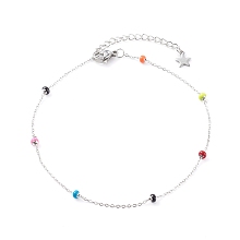 Honeyhandy Stainless Steel Satellite Chain Anklets, with Enamel, Colorful, Stainless Steel Color, 9-3/4 inch(24.8cm)